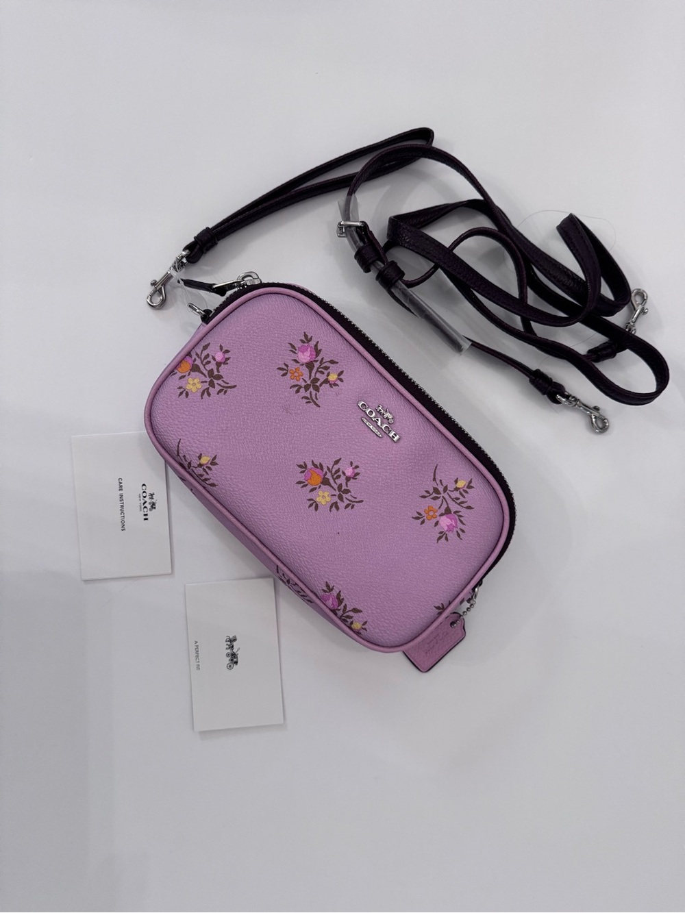 Coach Purple Floral Crossbody Camera Bag with Detachable Strap